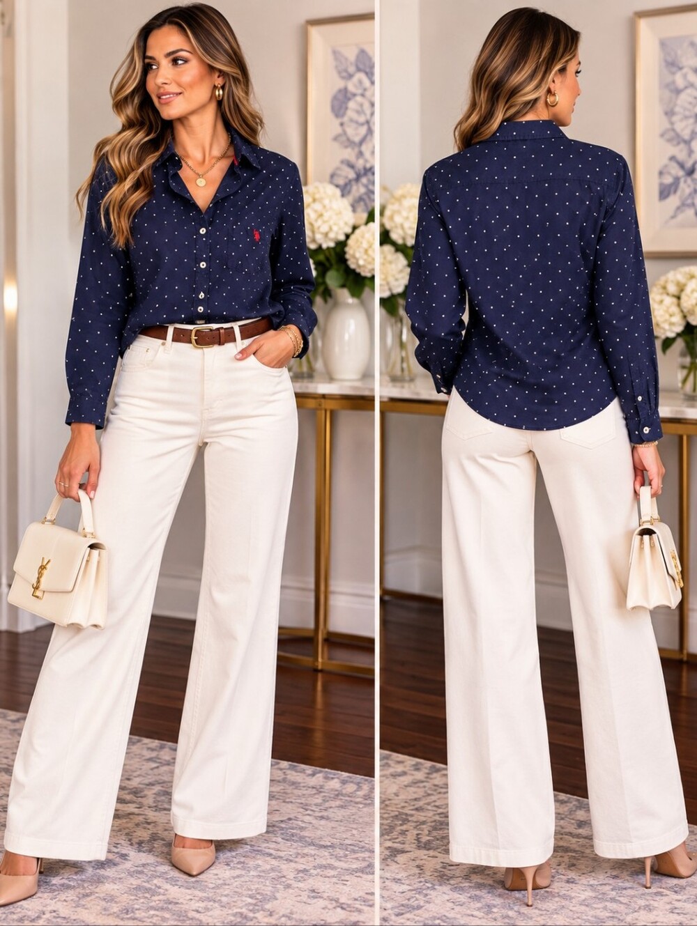 U.S. Polo Assn Navy Polka Dot Button Up Shirt Stretch Cotton Long Sleeve Size L